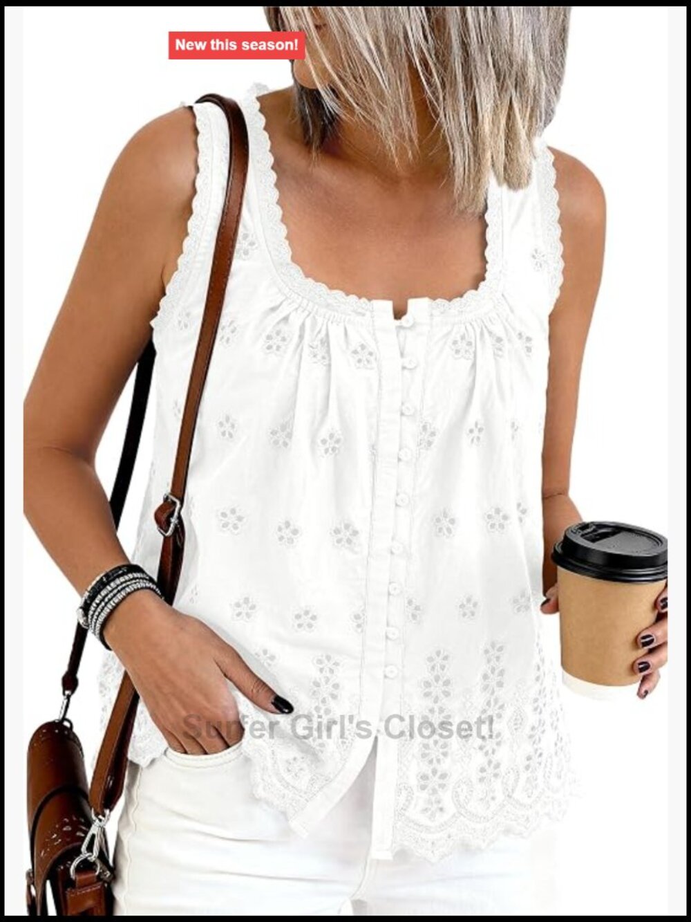 Women's Cotton Eyelet Lace Trim Tank Top Square Neck Button Down Boho Blouse